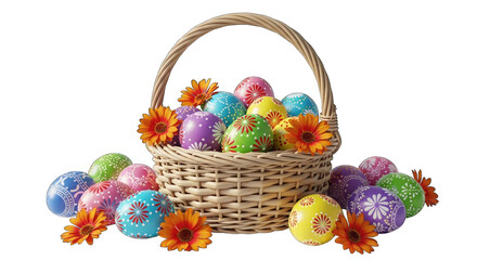 Easter eggs in a woven basket isolated on transparent background