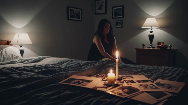 Woman sits on bed at night, candle flickers on table with scattered photograph, lamp glow casting soft shadow as she sorts photograph and memory, quiet grief and reflection in dim bedroom alone.