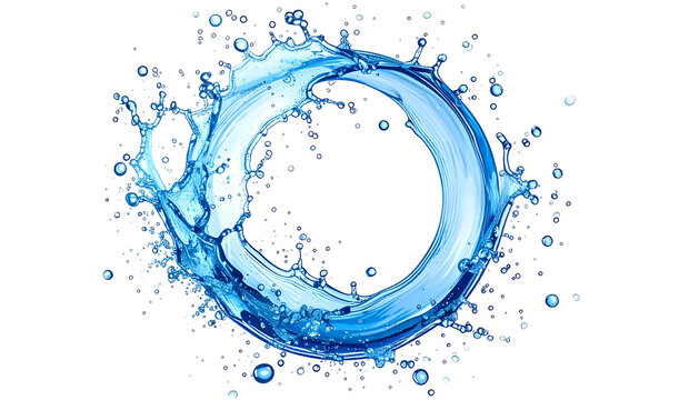 Blue water splash forming a ring with a black backdrop, droplets around the edge