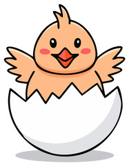 Obraz premium Cute newborn chick hatching from cracked eggshell happy cartoon vector illustration