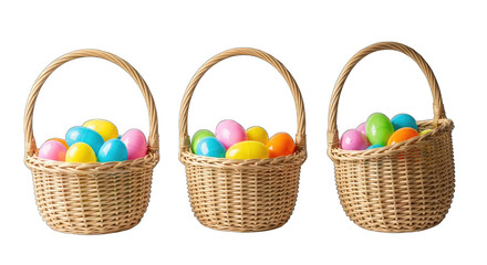 Easter eggs in woven baskets isolated on transparent background