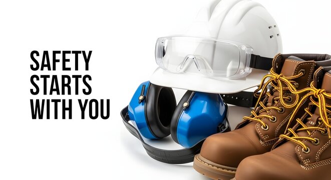 Close-up shot of safety gear with the motivational quote 'SAFETY STARTS WITH YOU'