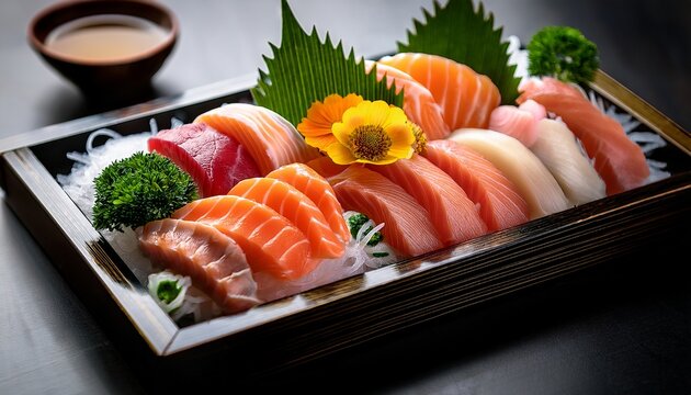 signature sashimi tray of harmony crafted with spirit and precision in its artistic selection presentation