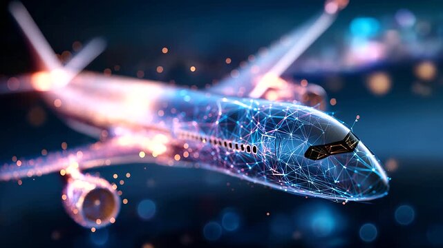 Futuristic digital representation of aircraft showcasing intricate wireframe designs, glowing elements against dark background, aviation technology visualization, with copy space