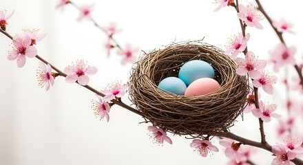 A nest with eggs sits among blooming pink blossoms on a branch, springtime scene