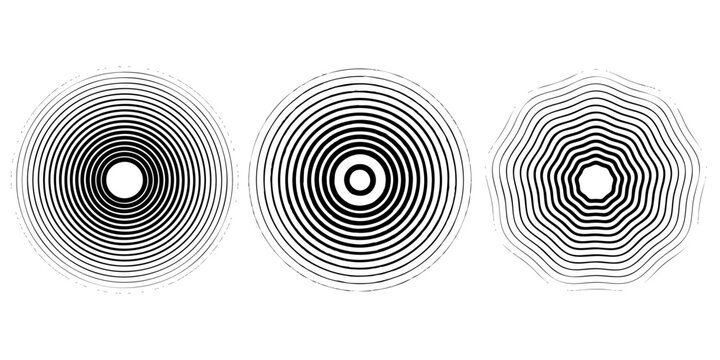Black concentric circle set. Sonar or sound wave ring collection. Dotted and linear epicentre, target, radar icon concept. Eps 10