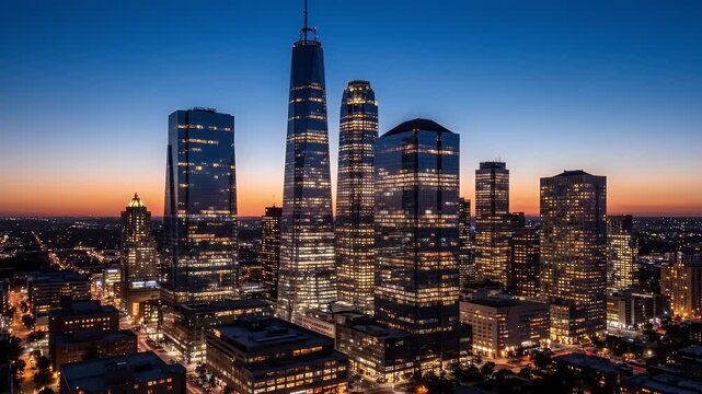 City Skyline at Sunset - An aerial view captures a vibrant cityscape with tall buildings illuminated against the twilight sky at sunset.