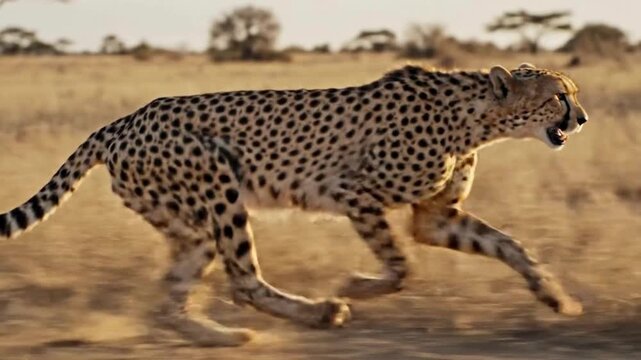 Fast cheetah running at full speed across the dry savanna plains during golden hour, capturing raw power and agility.
