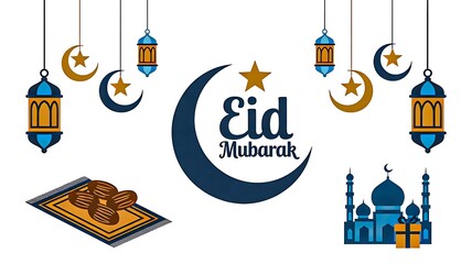 Eid mubarak greeting design with mosque lantern and traditional sweets