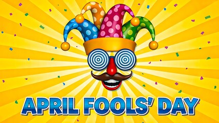 Bright april fools day banner with jester hat and colorful background
