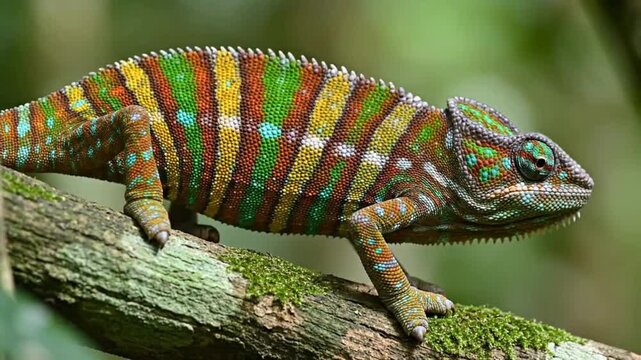 Vibrant Panther Chameleon with Colorful Stripes Slowly Crawls on Mossy Branch in Lush Green Forest