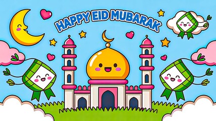 Happy eid mubarak greeting with mosque and crescent moon cartoon illustration
