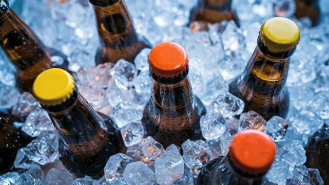 Top down close up of brown beer bottles with colorful caps buried in a bin of cold crushed ice with water droplets reflecting blue light in a refreshing summer setting.