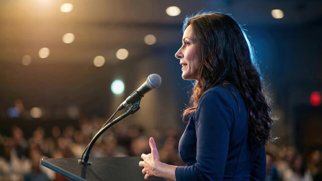 Cinematic video of a professional woman speaking at a microphone on stage during a business conference, with a blurred audience and warm stage lighting in a large auditorium setting.