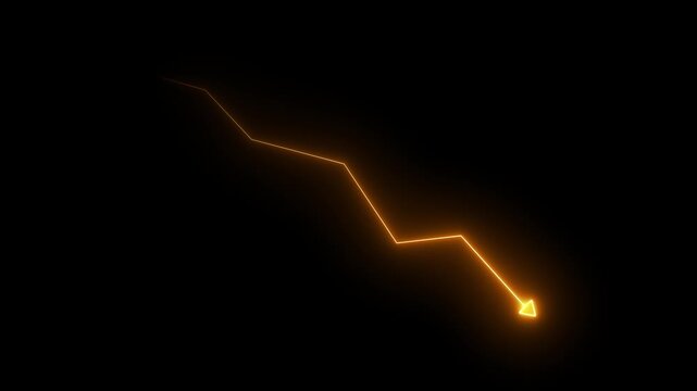 Glowing red neon downward graph with arrow indicating decline, loss, and negative trends on a dark, abstract background, perfect for conveying risk, crisis animation.4k video animation.