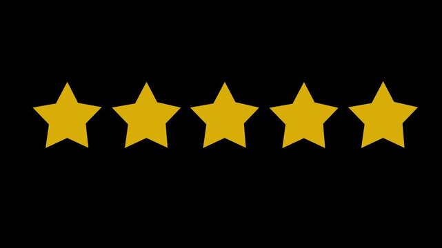 Five star rating icon animated video, animation video isolated on alpha channel background. Animated of 5 stars rating. Motion graphics of review concep.4k video animagtion