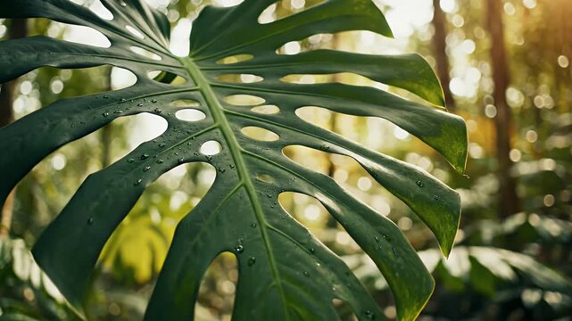 Close Up of Monstera Leaf - This is a close-up shot of a Monstera Deliciosa leaf, showing its distinctive holes and deep green color. Small droplets of water dot the surface of the leaf.