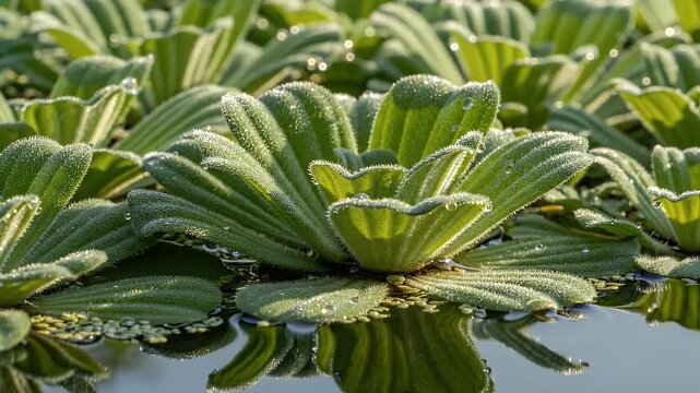 Water Lettuce Floating on Still Water - A close-up view shows vibrant green water lettuce plants resting on a calm water surface.
