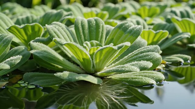 Water Lettuce Plants on Still Water - A close-up shot shows several water lettuce plants floating on a still water surface, their green leaves covered with tiny water droplets.