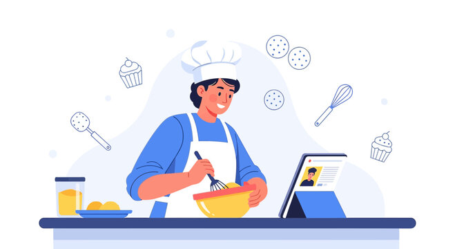 Young Chef Baking Pastries Following Online Recipe on Tablet