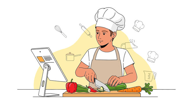 Young Chef Learning to Cook with Online Recipe on Tablet