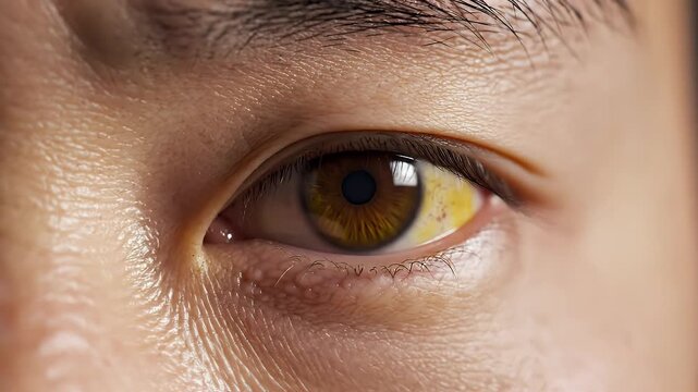Jaundice Sign in Human Eye Close-up - Extreme close-up shot shows a human eye with a yellowish sclera, indicating possible jaundice.