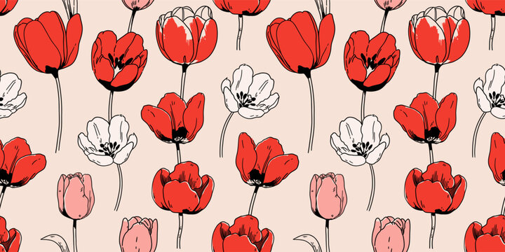 Seamless floral pattern with hand-drawn tulips in red, white, and pink. Elegant botanical line art on a soft beige background.