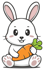 Obraz premium Cute cartoon bunny rabbit holding a carrot, joyful and smiling