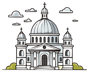 Fototapeta premium Stylized Church Illustration Domes Crosses Architechtural Design Clouds and Greenery Religious Building