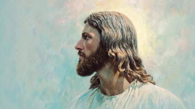 Serene portrait of Jesus Christ with gentle expression and watercolor background