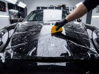 Professional Car Detailer Applying Paint Protection Film to Luxury Sports Car Hood in Auto Detailing Studio for Vehicle Protection and Maintenance