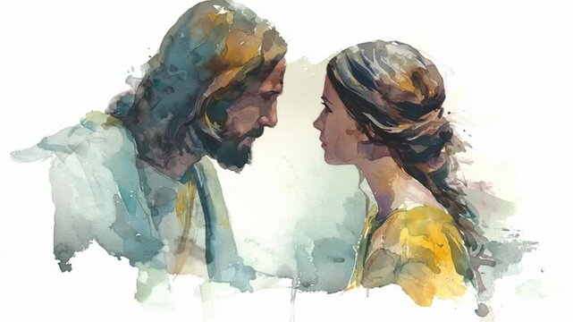 Tender moment between Jesus and a woman in a beautiful watercolor portrait