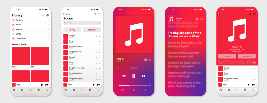 Mockup of the Apple Music mobile application interface displayed on smartphone screens in both light modes.