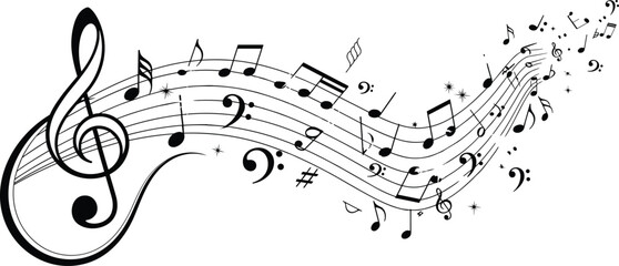 Black Musical Notes Wave with Treble Clef and Flowing Music Staff Vector Illustration for Sound Design, Melody Concept and Entertainment Background