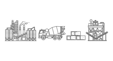 Obraz premium Industrial Process Line Illustration Featuring Factory, Truck, Crates, and Machinery in a Manufacturing Setting from a Straight-On Viewpoint
