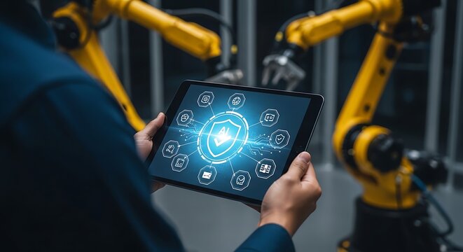 A person uses a tablet with security icons, operating robots in a modern factory setting