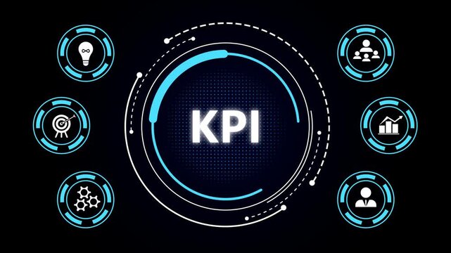 Dark tech dashboard with glowing blue circular KPI hub and six surrounding business icons (lightbulb, target, gears, team, chart, user) on black background