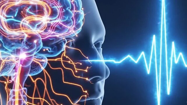 A fascinating visualization of the human mind, showing the intricate connections of the brain with vibrant and brilliant energy waves, neural pathways, and their effects.