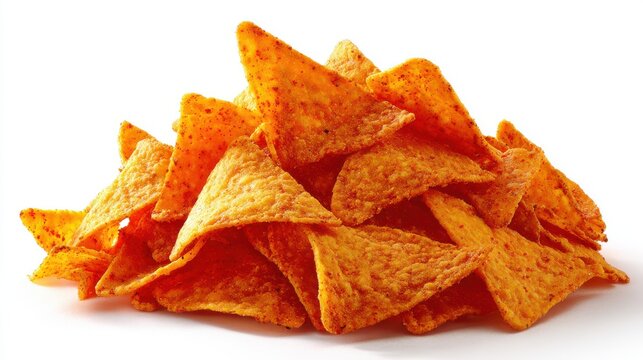 Pile of nacho cheese flavored corn tortilla chips isolated on white background