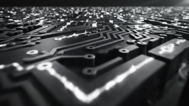 A close-up view of a complex circuit board with intricate pathways and illuminated connections in a technological environment