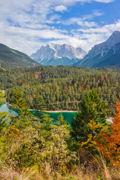 Turquoise Blindsee with the Majestic Zugspitze Peak in Autumn