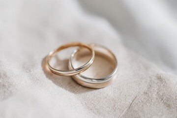 Close-up of gold and silver wedding rings on a soft fabric background