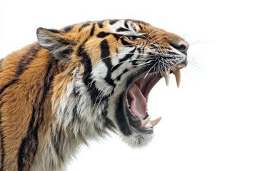 Fototapeta premium Close-up of roaring tiger on white background with open mouth