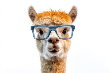 Fototapeta premium Cute llama wearing glasses against white background