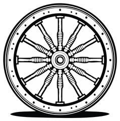 Fototapeta premium Black and white illustration of a wagon wheel isolated on white
