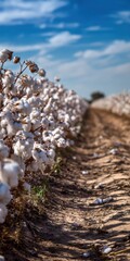 Expansive cotton field under blue sky with lush white bolls in focus