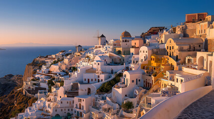 Golden Hour View of Oia Village and Blue Domes in Santorini, Greece