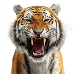 Obraz premium Fierce tiger roaring with open mouth and bared teeth on white background