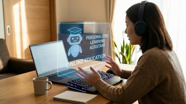 Asian woman adult student with headphone headset desk, focused remote study and online education using laptop computer keyboard, personalized virtual classroom learning assistant artificial