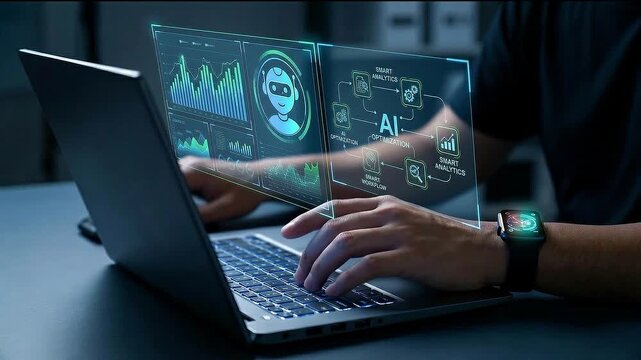 Artificial intelligence data analytics digital interface futuristic technology virtual screen business dashboard data visualization data chart hologram display person typing futuristic digital